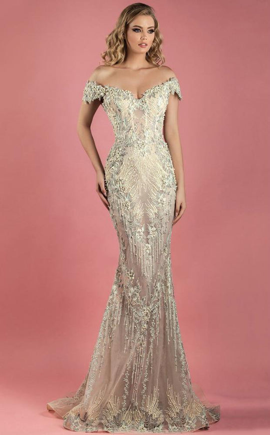 MNM COUTURE - K3555 Bedazzled Off-Shoulder Trumpet Dress In Neutral