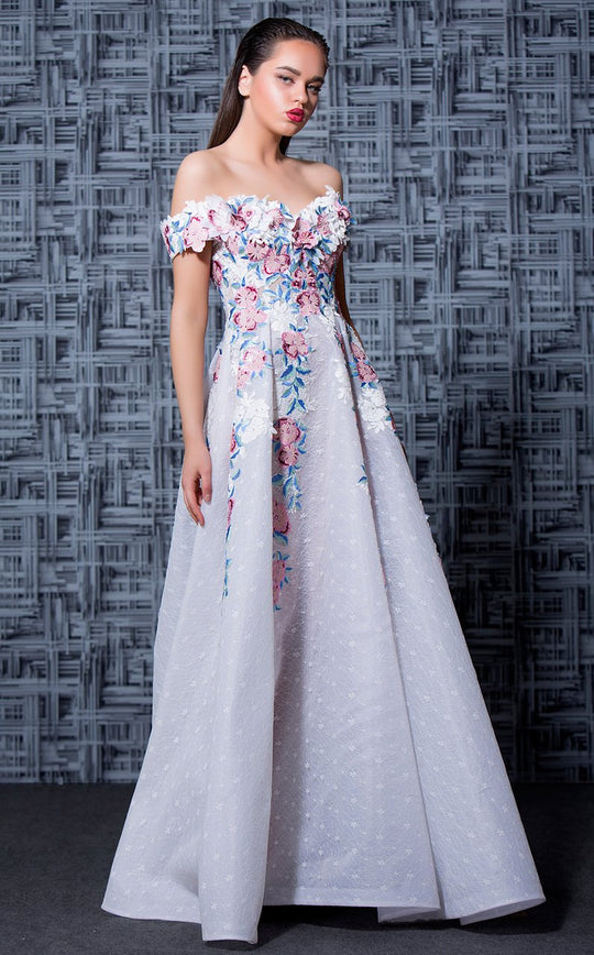 MNM Couture - K3563 Floral Embroidered Off-Shoulder A-line Gown In White