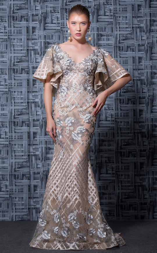 MNM Couture - K3565 Butterfly Sleeves V-neck Embellished Gown In Neutral