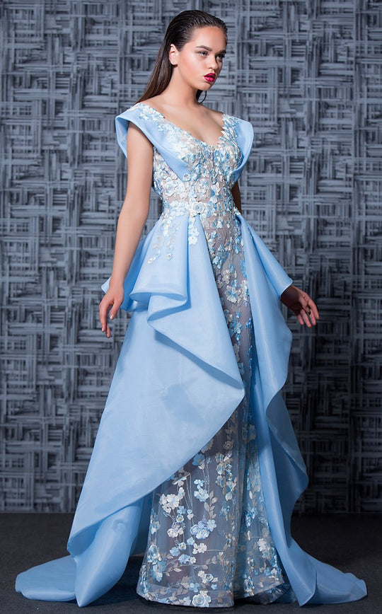 MNM Couture - K3566 Floral Embroidered Wide V-neck Gown with Overskirt In Blue