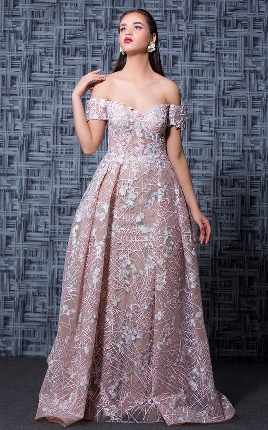 MNM Couture - K3567 Embroidered Off-Shoulder Pleated Ballgown in Pink