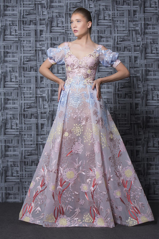 MNM Couture - K3568 Fully Embroidered V-neck Ballgown in Pink