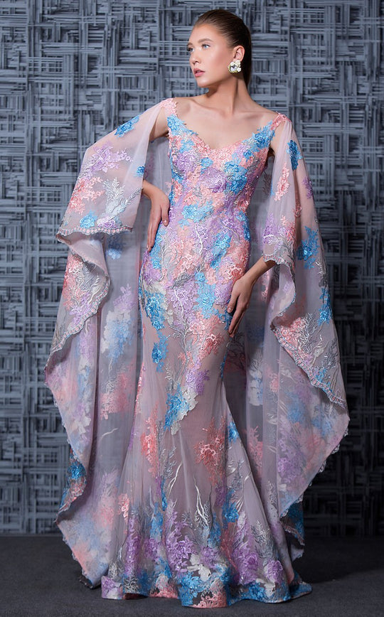 MNM Couture - K3569 Floral Embroidered Sheath Dress with Cape In Pink