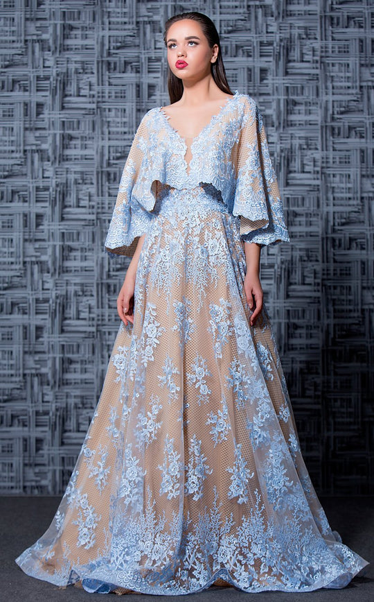 MNM Couture - K3571 Floral Embroidered Deep V-neck A-line Gown In Blue and Neutral