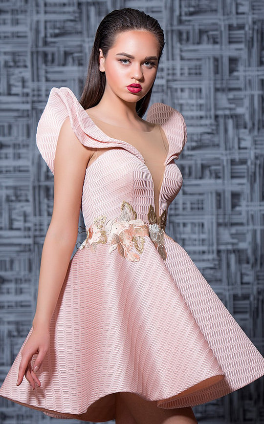 MNM Couture - K3576 Floral Embroidered Curled Sleeve Cocktail Dress In Pink