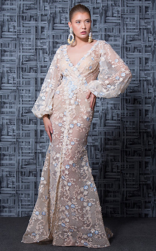 MNM Couture - K3580 Bishop Sleeves Deep V-neck Sheath Gown In Neutral