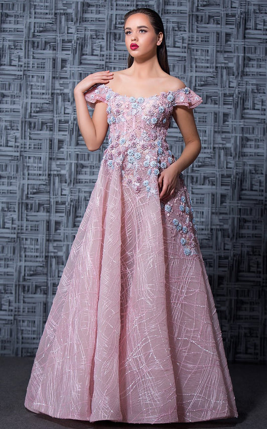 MNM Couture - K3581 Off-Shoulder Floral Apppliqued A-line Gown In Pink