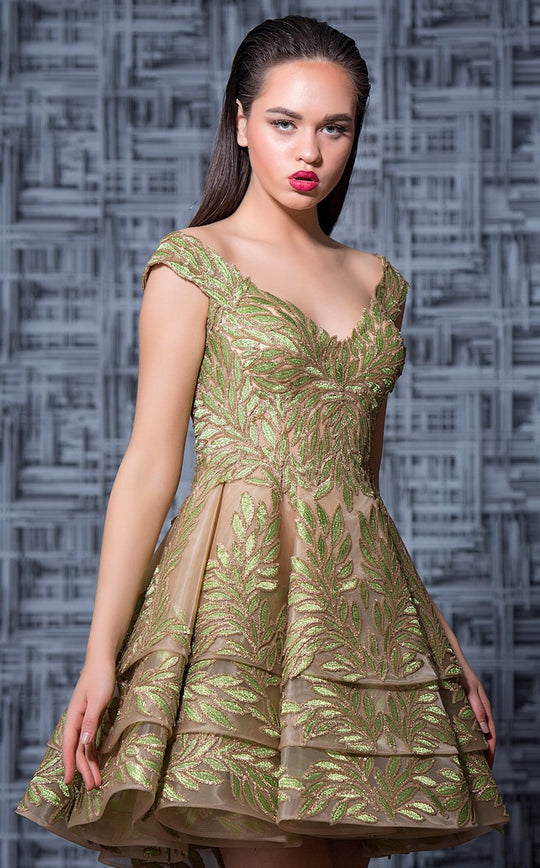 MNM Couture - K3582 Embroidered Wide V-neck Tiered A-line Dress In Green