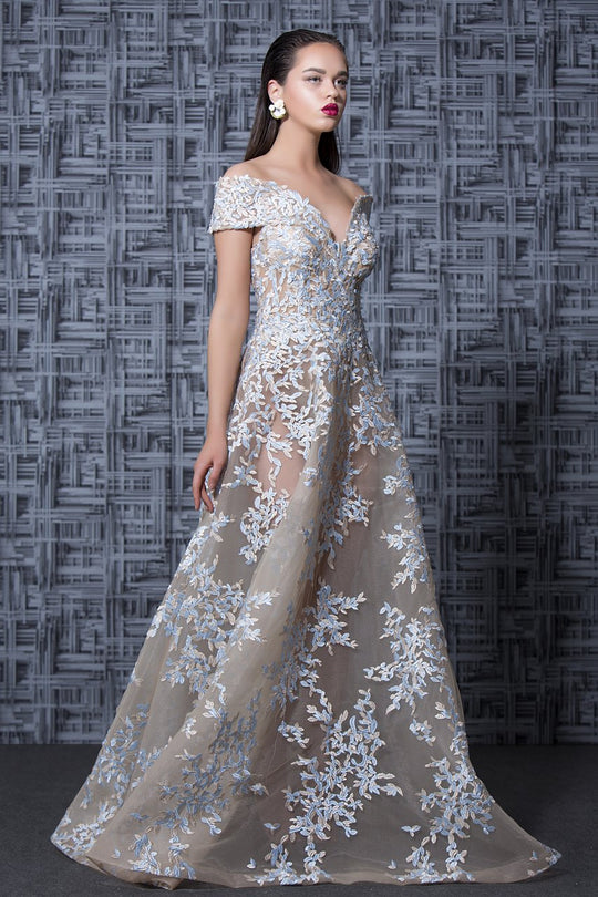 MNM Couture - K3583 Embroidered Off-Shoulder A-line Gown in Neutral