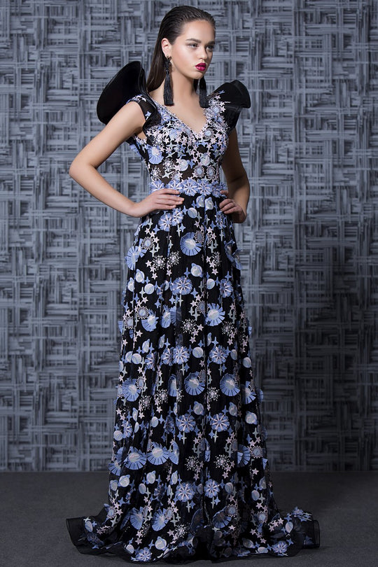 MNM Couture - K3584 Fully Embroidered V-neck A-line Gown in Black and Blue