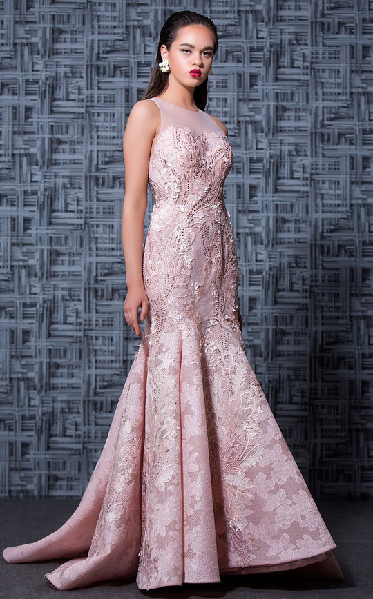MNM Couture - K3587 Sleeveless Floral Appliqued Mermaid Gown In Pink