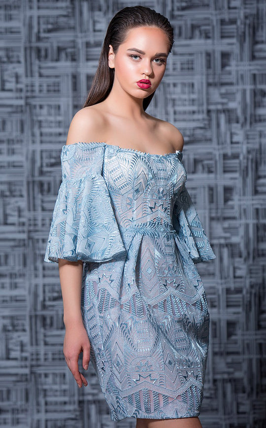 MNM Couture - K3588 Embroidered Off-Shoulder Bell Sleeve Sheath Dress In Blue