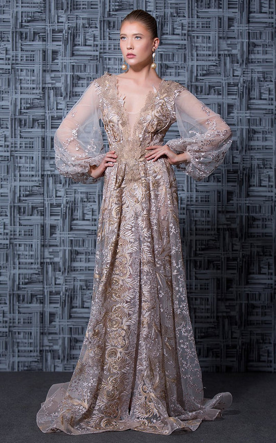 MNM Couture - K3591 Embroidered Illusion Plunging Evening Dress In Neutral