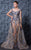 MNM Couture - K3595 Floral Off-Shoulder Illusion Evening Gown In Neutral and Blue