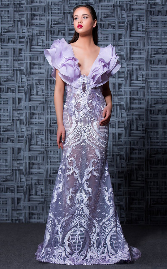 MNM Couture - K3597 Embroidered Ruffled Evening Dress In Purple