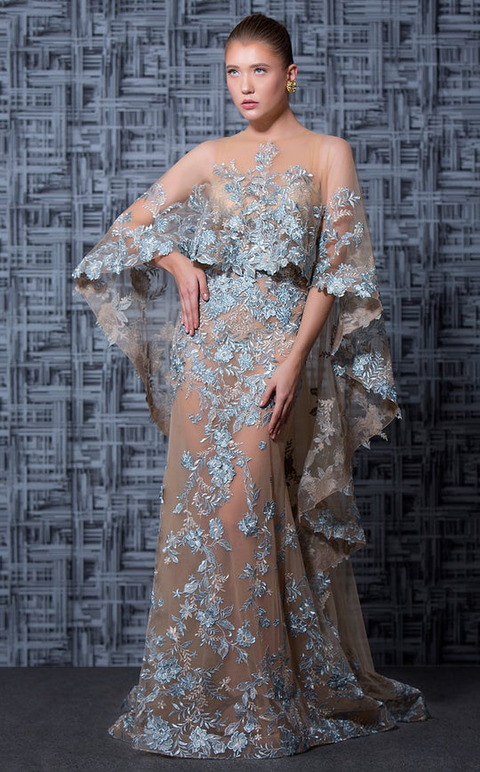 MNM Couture - K3598 Embroidered Caped Illusion Evening Gown In Neutral and Blue