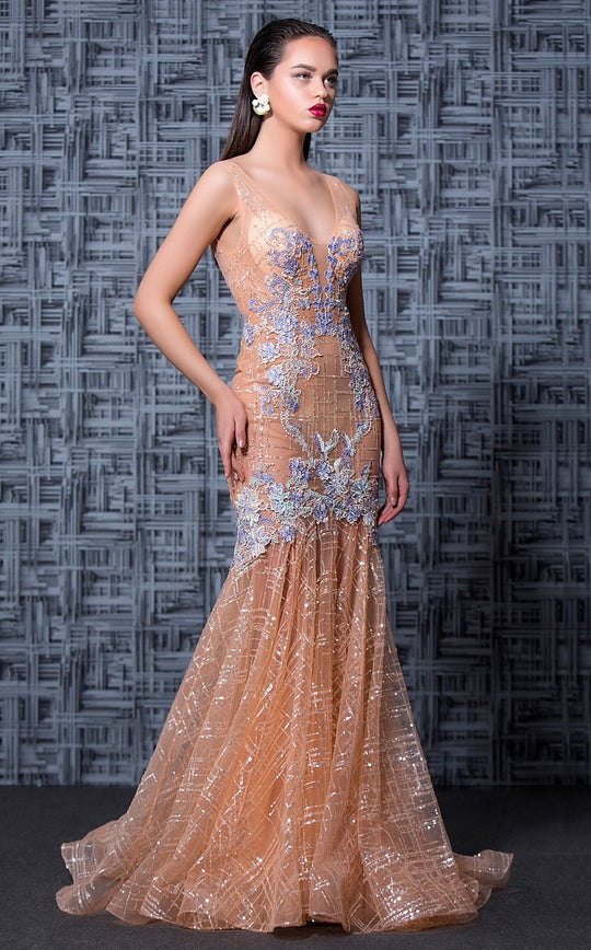 MNM Couture - K3601 Embroidered Illusion Fitted Trumpet Dress In Neutral and Blue