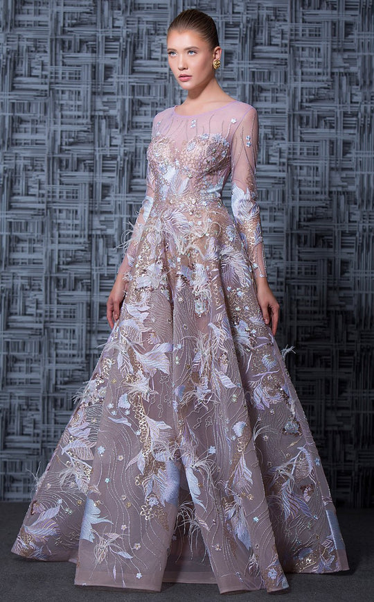 MNM Couture - K3603 Long Sleeved Illusion A-line Gown In Purple