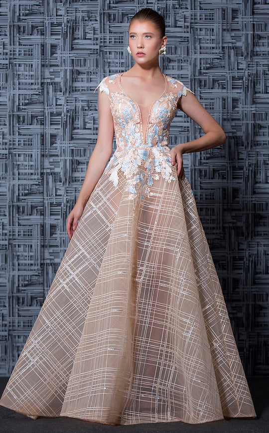 MNM Couture - K3604 Cap Sleeved Illusion A-line Gown In Neutral