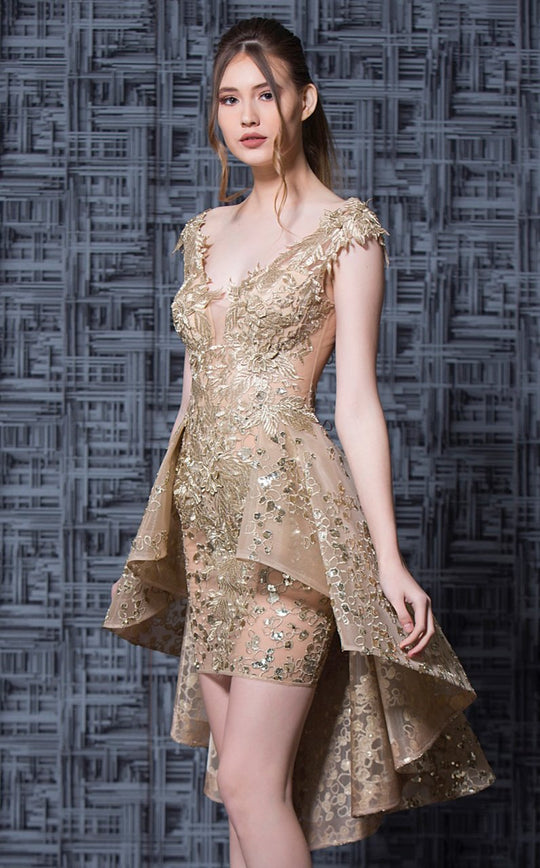 MNM Couture - K3606 Embroidered Deep V-neck Dress With Overskirt in Neutral