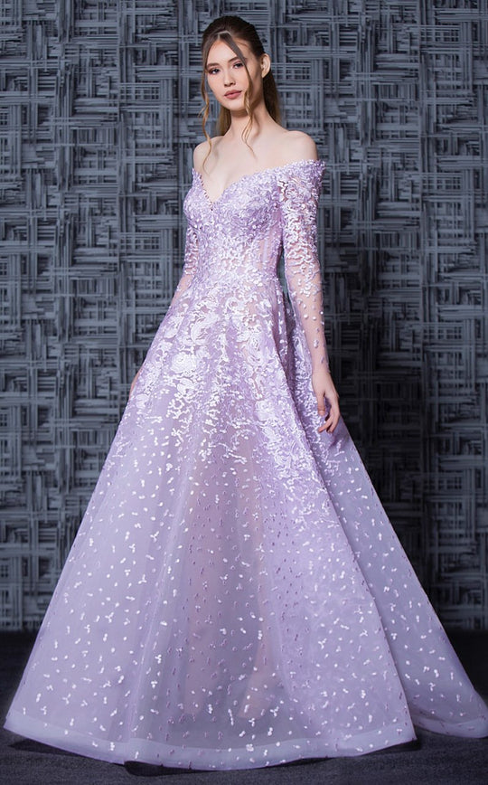 MNM Couture - K3611 Embroidered Off-Shoulder Ballgown With Train in Purple