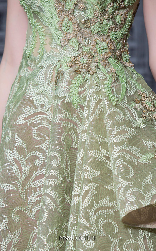 MNM COUTURE - K3616 Embellished Illusion Bateau Ruffled A-line Dress In Green