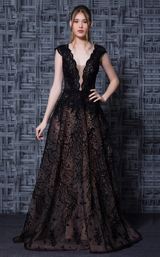 MNM Couture - K3617 Embroidered Scalloped Deep V-neck Ballgown in Black and Blue