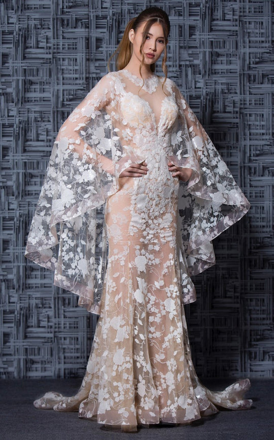 MNM Couture - K3619 Embroidered Mermaid Dress With Cape Accent in White and Neutral