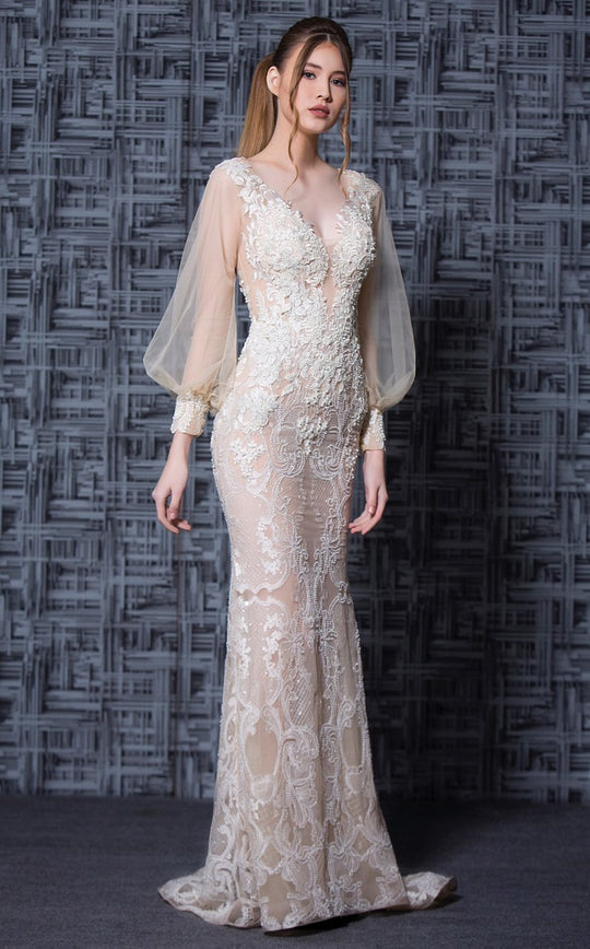 MNM Couture - K3620 Lace Embroidered Long Sleeve Trumpet Dress in White and Neutral