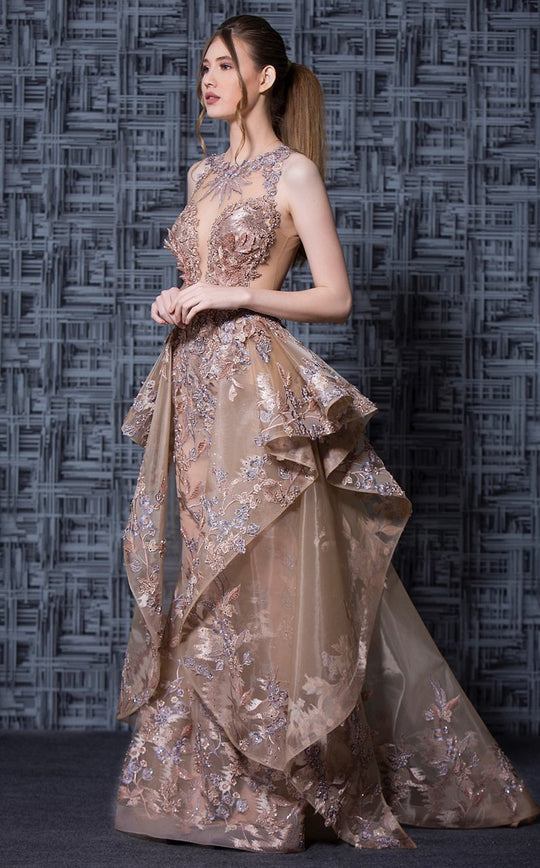 MNM Couture - K3621 Embroidered Tulle Ruffled A-line Dress in Gold