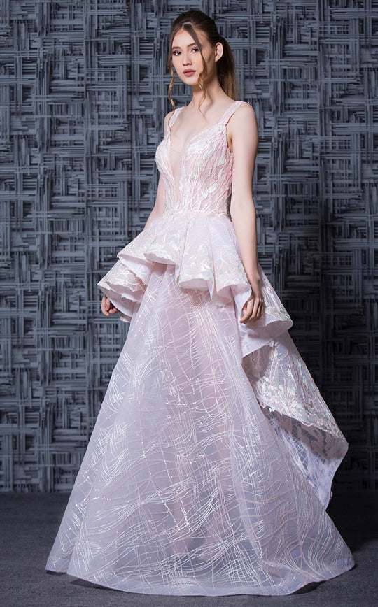 MNM Couture - K3624 Sequined and Embroidered Peplum A-line Dress in Pink