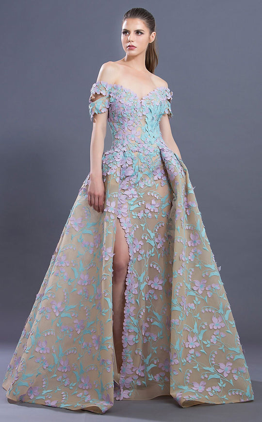 MNM COUTURE - K3637 Floral Applique Off-Shoulder A-line Dress in Pink Blue