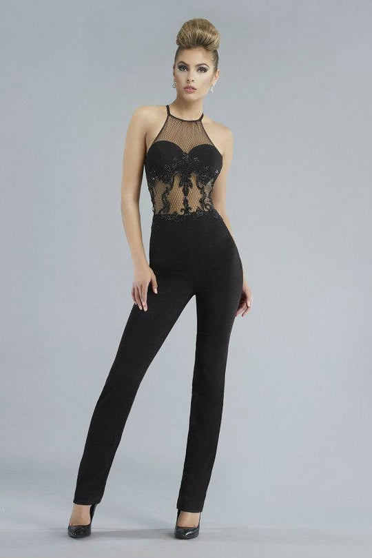 Janique K6553 Sheer Halter Illusion Jumpsuit with Lace Appliques In Black