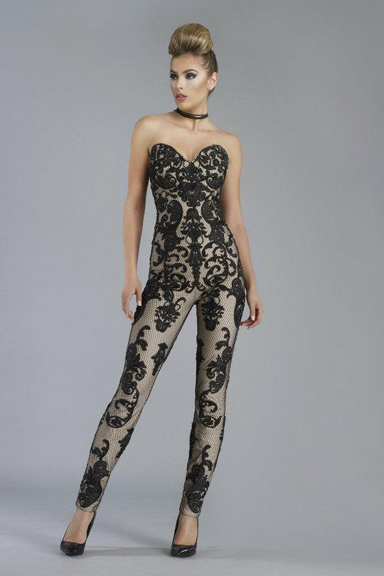 Janique - K6561 Strapless Contrast Brocade Jumpsuit In Black and  Neutral