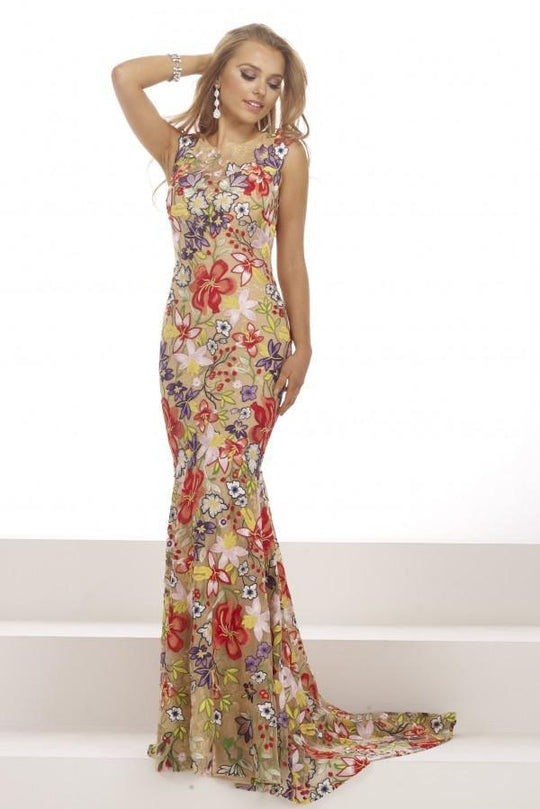 Janique K6571  elightful Floral Sleeveless Mermaid Gown In Print and  Floral