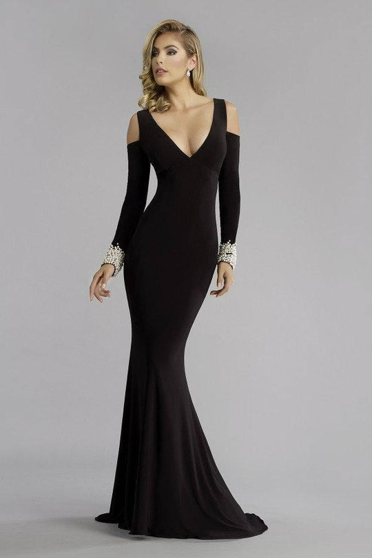 Janique K6573 - Captivating Long Sleeve Mermaid Gown with Crystallized Cuffs  In Black