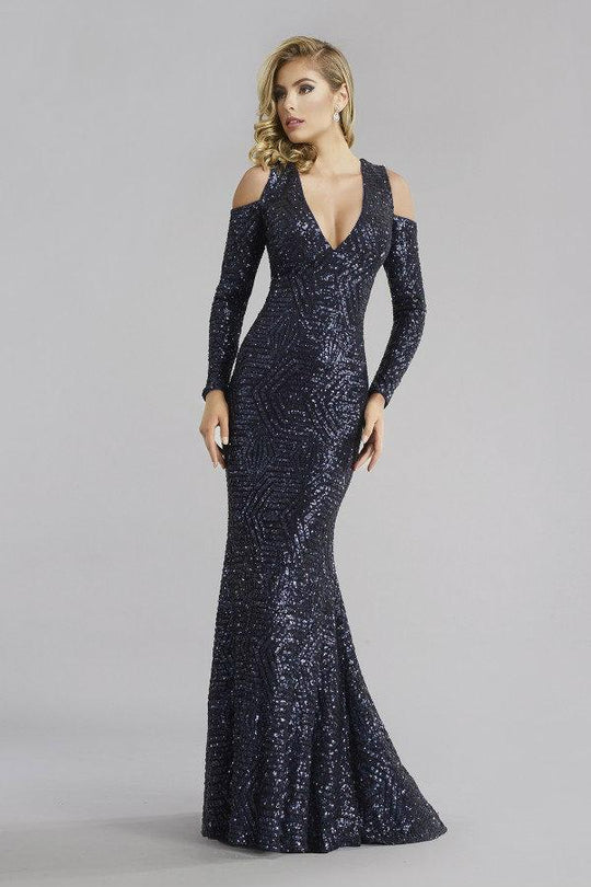 Janique K6576 Sequined Long Sleeve V-neck Long Mermaid Gown In Blue