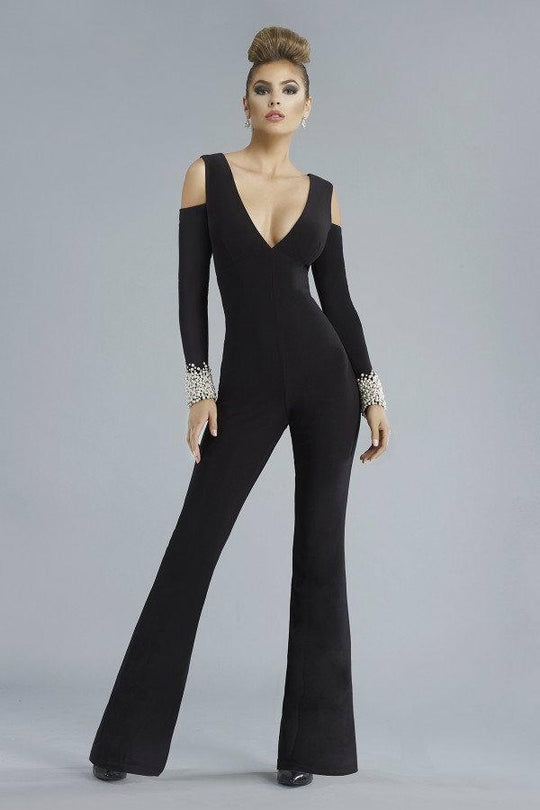 Janique - Sleek Pearl Embellished Long Sleeved Pantsuit K6583 In Black