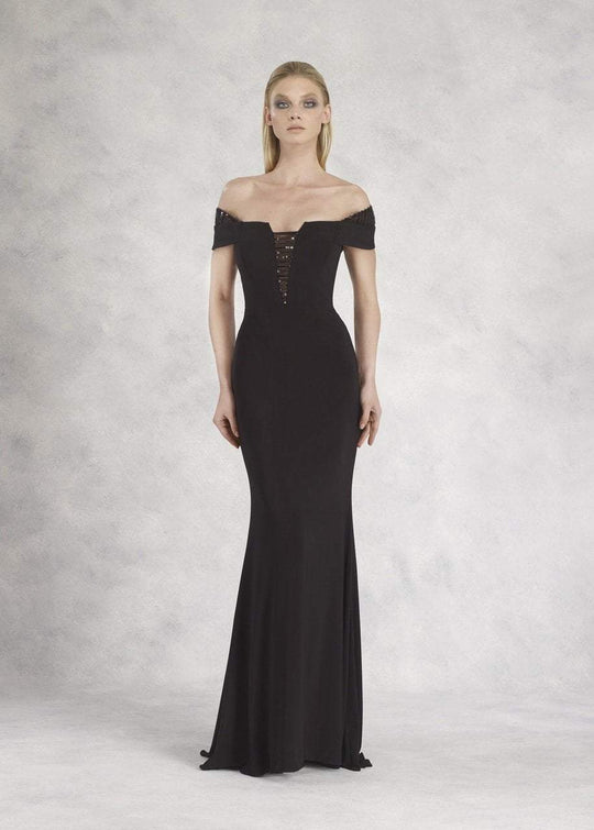 Janique - K6596 Off-Shoulder Sequined Illusion Inset Sheath Gown In Black