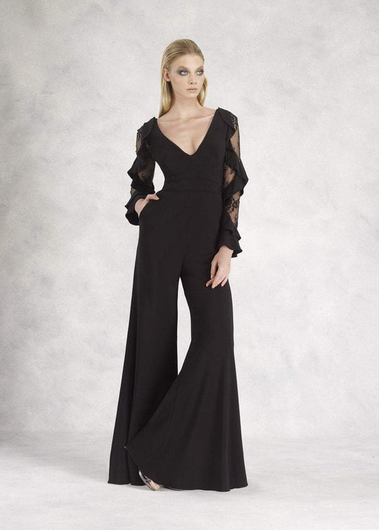 Janique - K6598 Long Sleeve V-neck Jumpsuit In Black