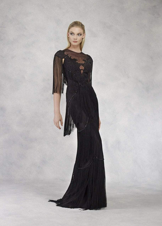 Janique - K6603 Floral Embroidered Fringe Evening Dress In Black