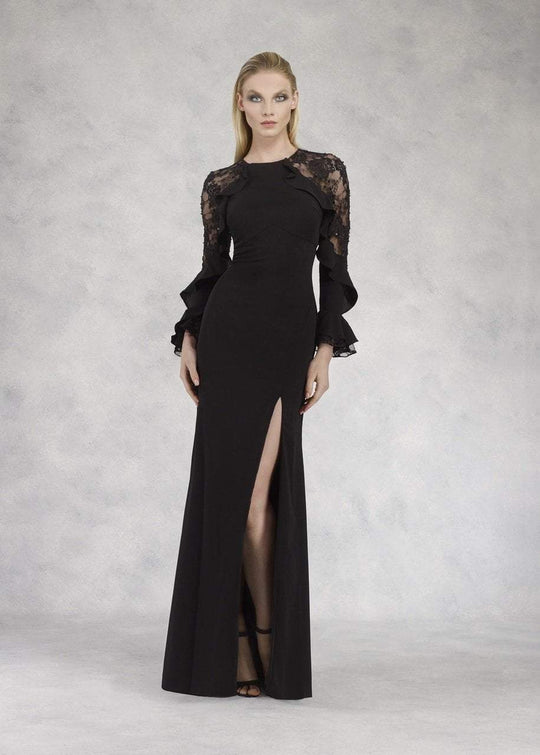 Janique - K6606 Lace Long Sleeve Ruffled Sheath Dress In Black