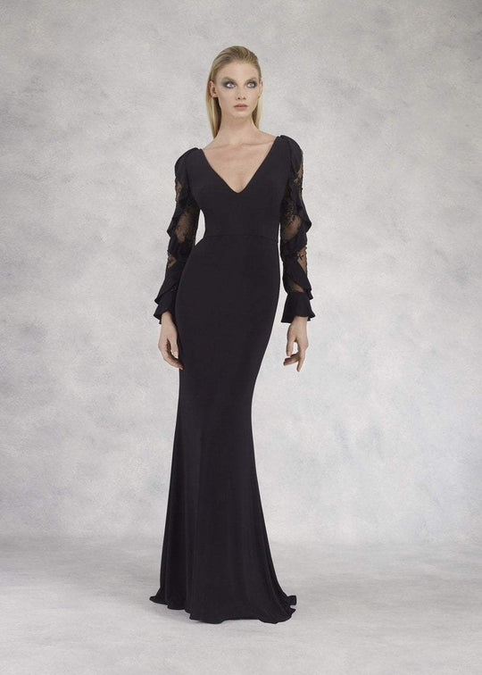 Janique - K6616 Lace and Ruffled Long Sleeve Sheath Dress In Black
