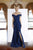Janique - K6876 Off Shoulder Ruffled High Slit Gown in Blue