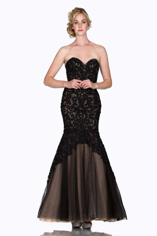 Cinderella Divine - KC1701 Strapless Sweetheart Beaded Lace Mermaid Gown In Black