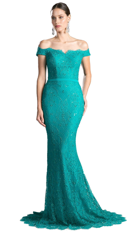 Scalloped Off Shoulder Lace Evening Dress