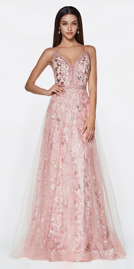 Cinderella Divine - Embroidered Plunging Neck Glitter Gown KC888