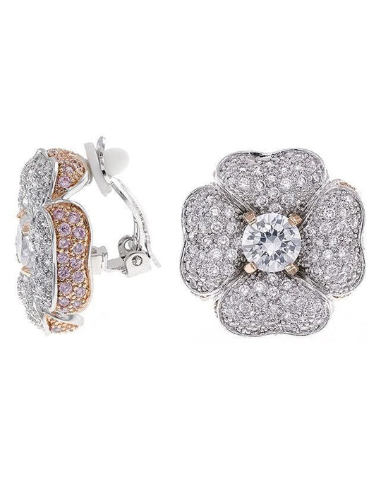 CZ by Kenneth Jay Lane - Pave Flower Clip Earrings in Silver