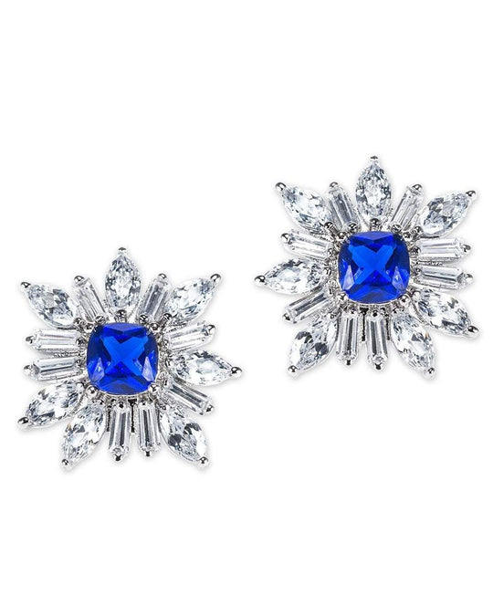 CZ By Kenneth Jay Lane - Sapphire Cushion Starburst Earring In Silver