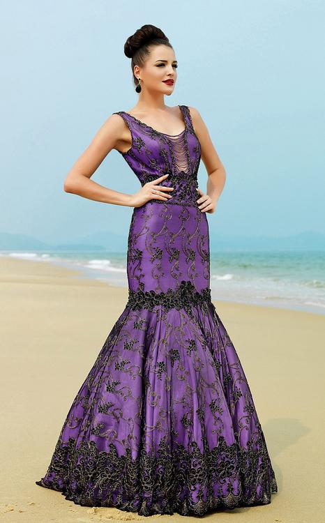 MNM Couture - KH012 Lace Embellished Mermaid Evening Gown in Black and Purple